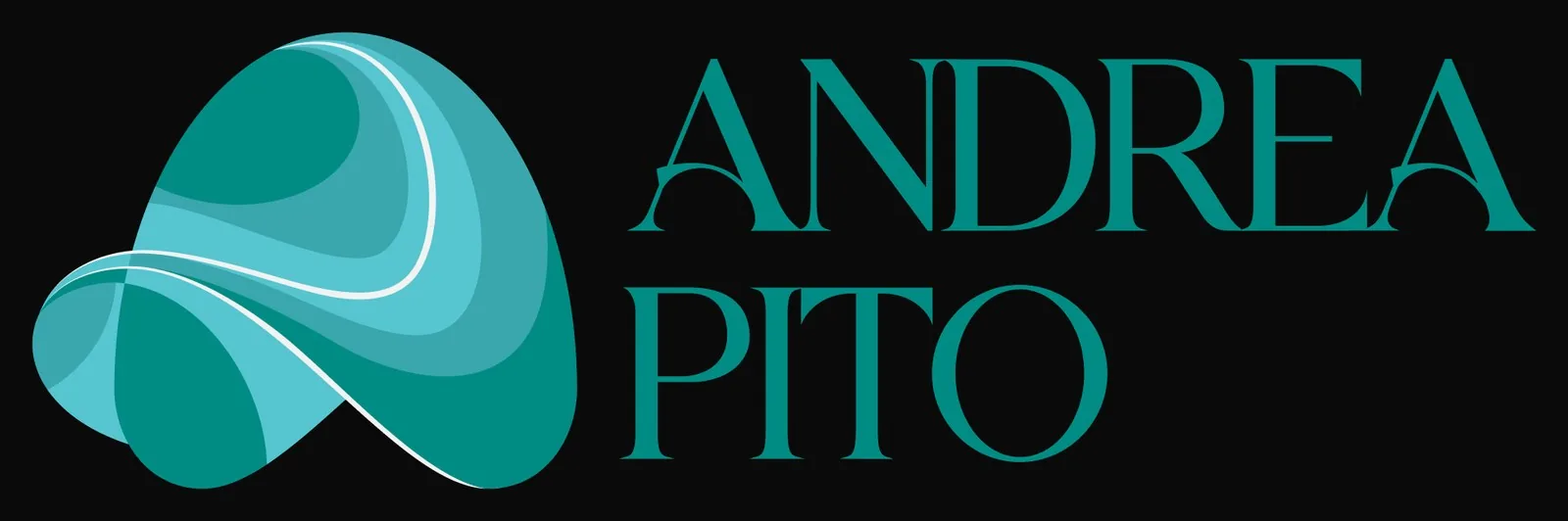 Logotipo horizontal Andrea Pito: símbolo turquesa em fita e wordmark em serifa clara, sobre fundo preto