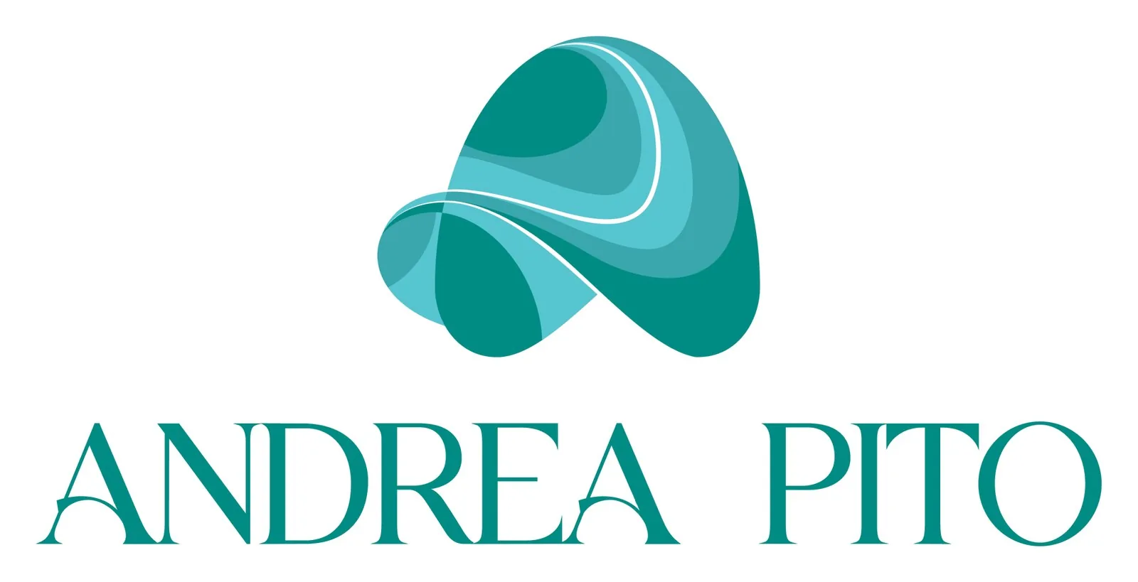 Logotipo vertical Andrea Pito: símbolo turquesa acima do wordmark em serifa
