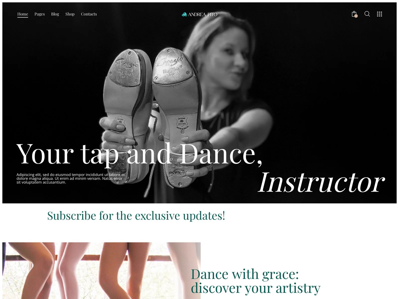 Home do site Andrea Pito Dance Studio, com fotografia de aula e navegação superior
