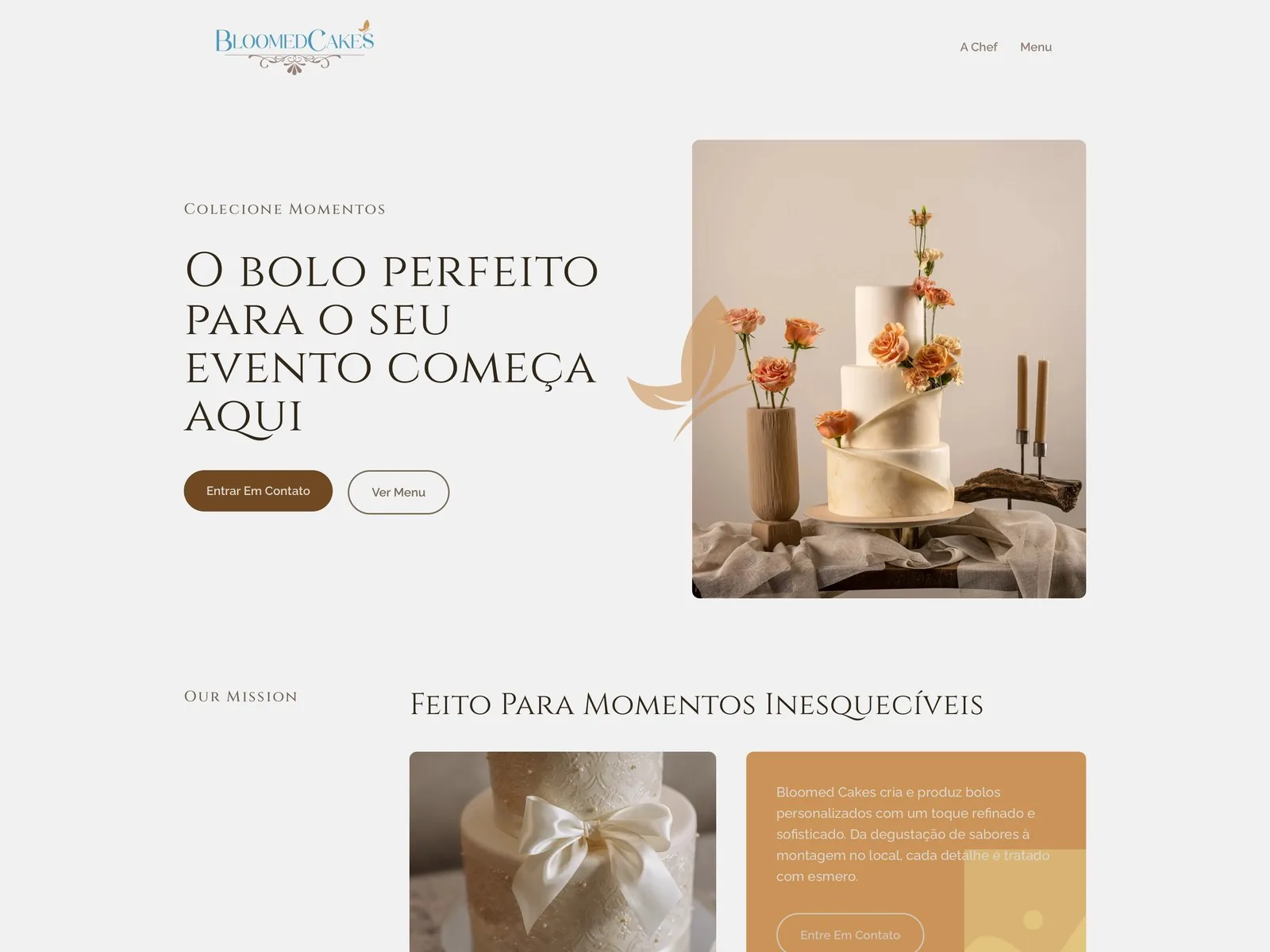 Home do site Bloomed Cakes, com chamada para orçamento de bolo de evento