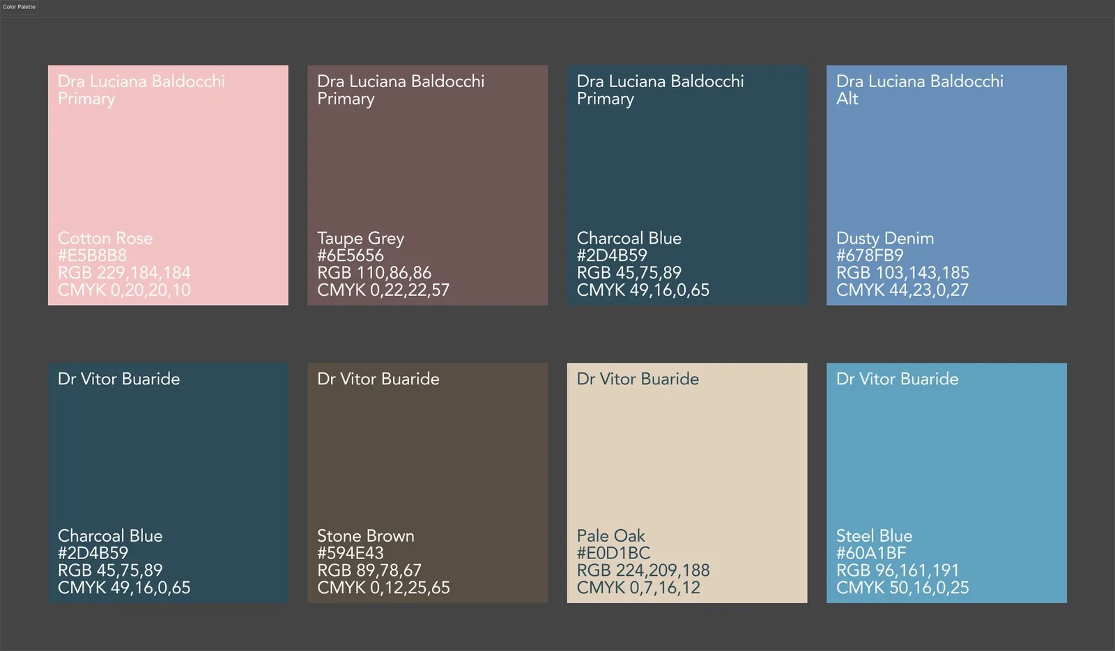 Paleta cromática do sistema: tons rosé e areia para Dra. Luciana, azul-carvão e marrom-pedra para Dr. Vitor