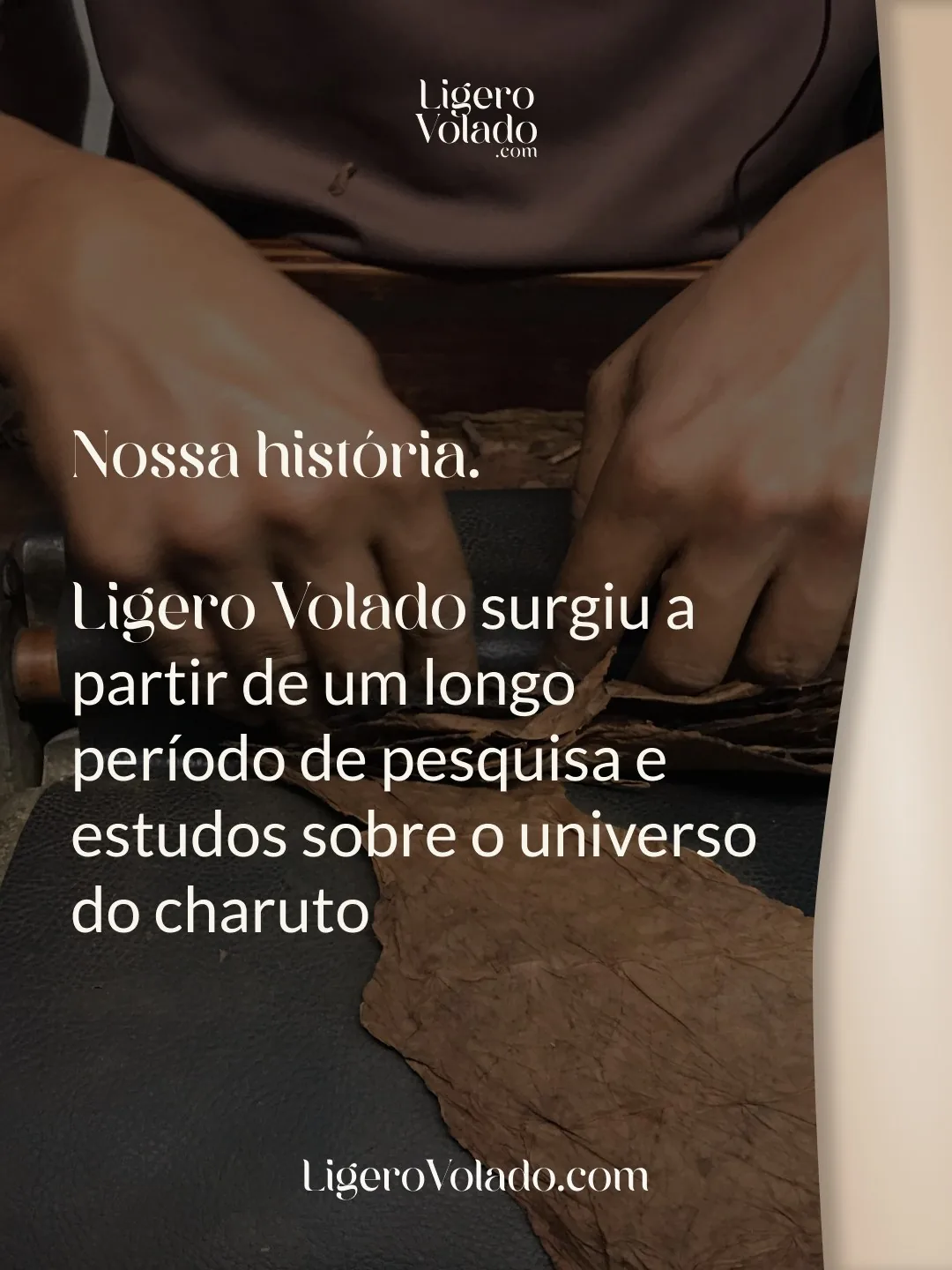 Peça de conteúdo contando a origem da marca sobre fotografia de charutos e folhas de tabaco