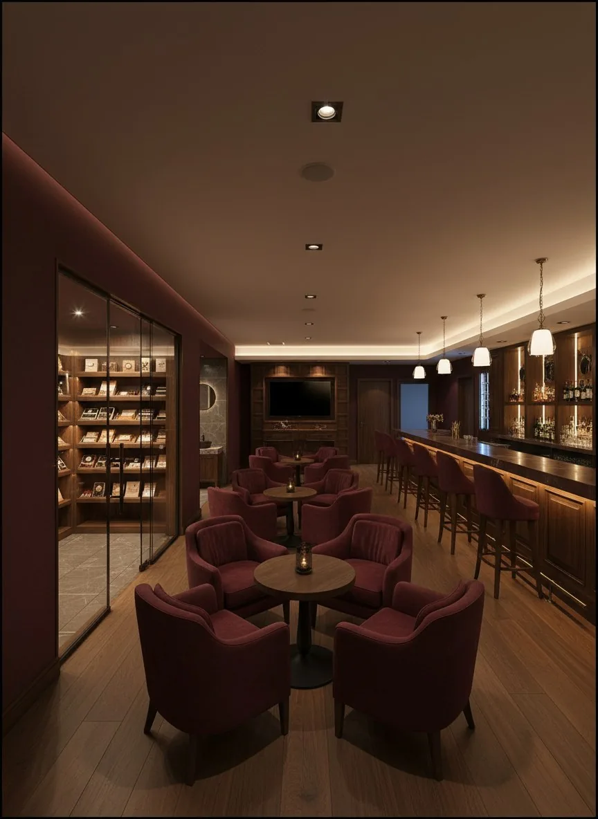 Ambiente de retail: charutaria com prateleiras de madeira, poltronas e iluminação baixa